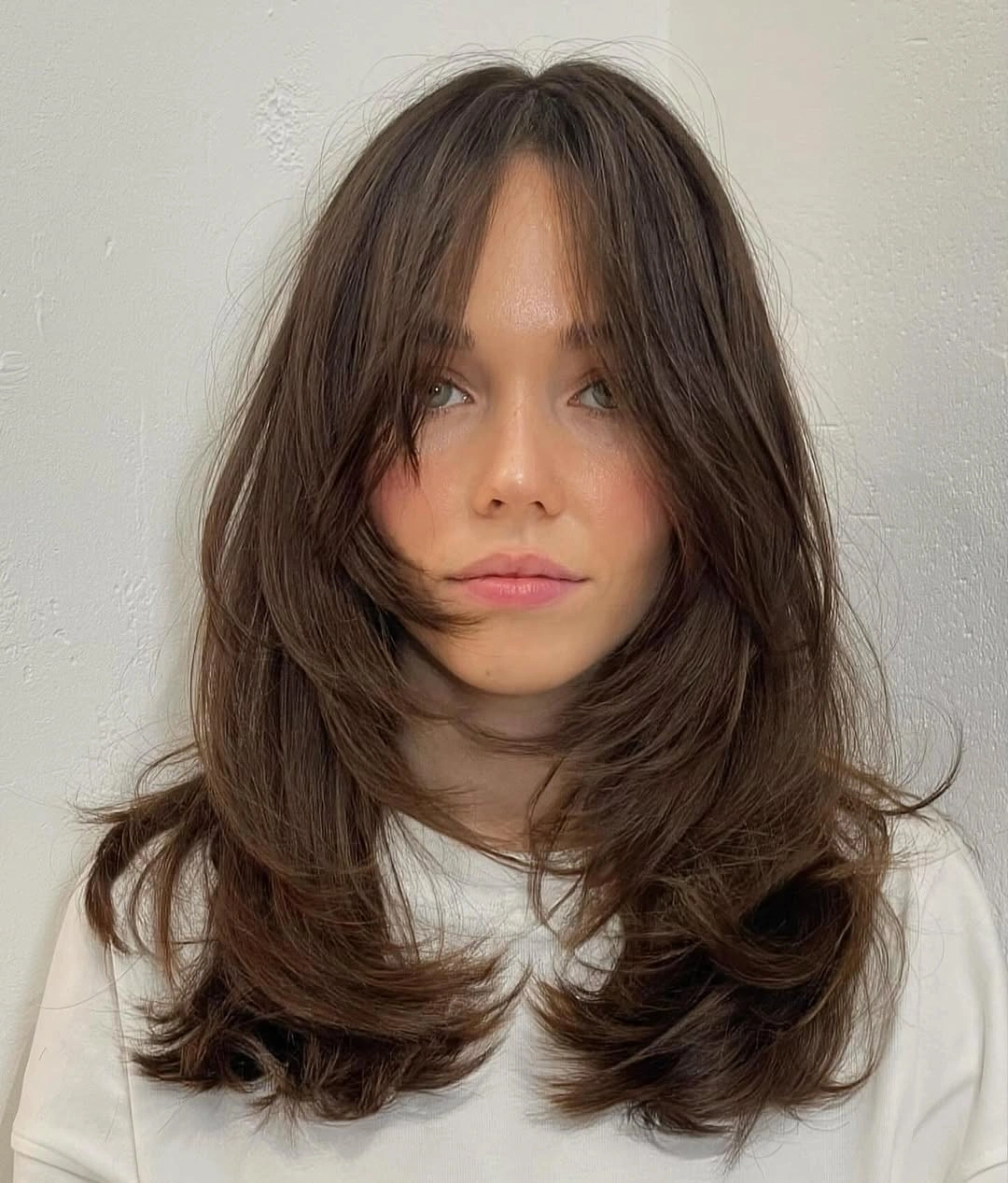 trendy choppy medium layered hair Feathered Layers With Soft Curtain Fringe