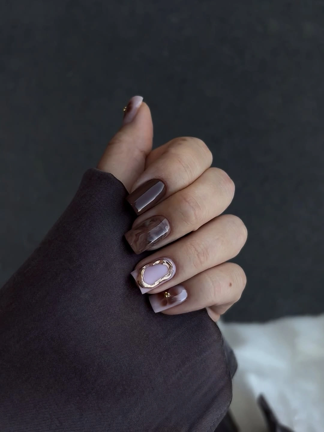 trendy fall nail designs for all skin tones 2026 Chocolate Marble Square Nails with Gold Details
