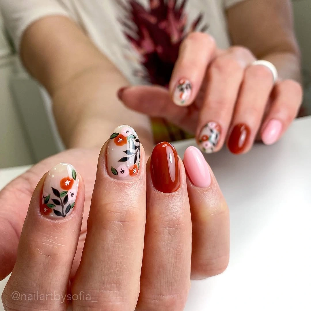 trendy fall nail designs for all skin tones 2026 Soft Botanical Fall Nails With Cozy Cottage Charm