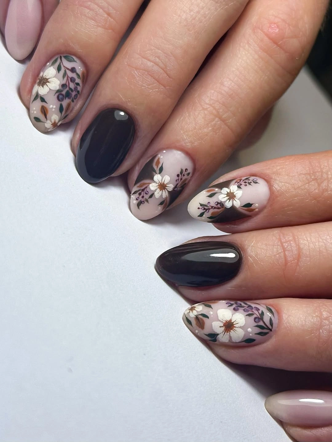 trendy fall nail designs for all skin tones 2026 Soft Botanical Florals with Deep Espresso Accents