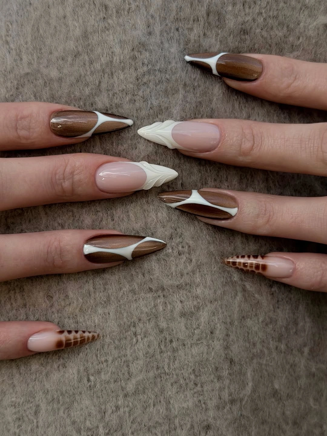 trendy fall nail designs for all skin tones 2026 Chocolate Swirl Sculptural Nails with Modern Texture
