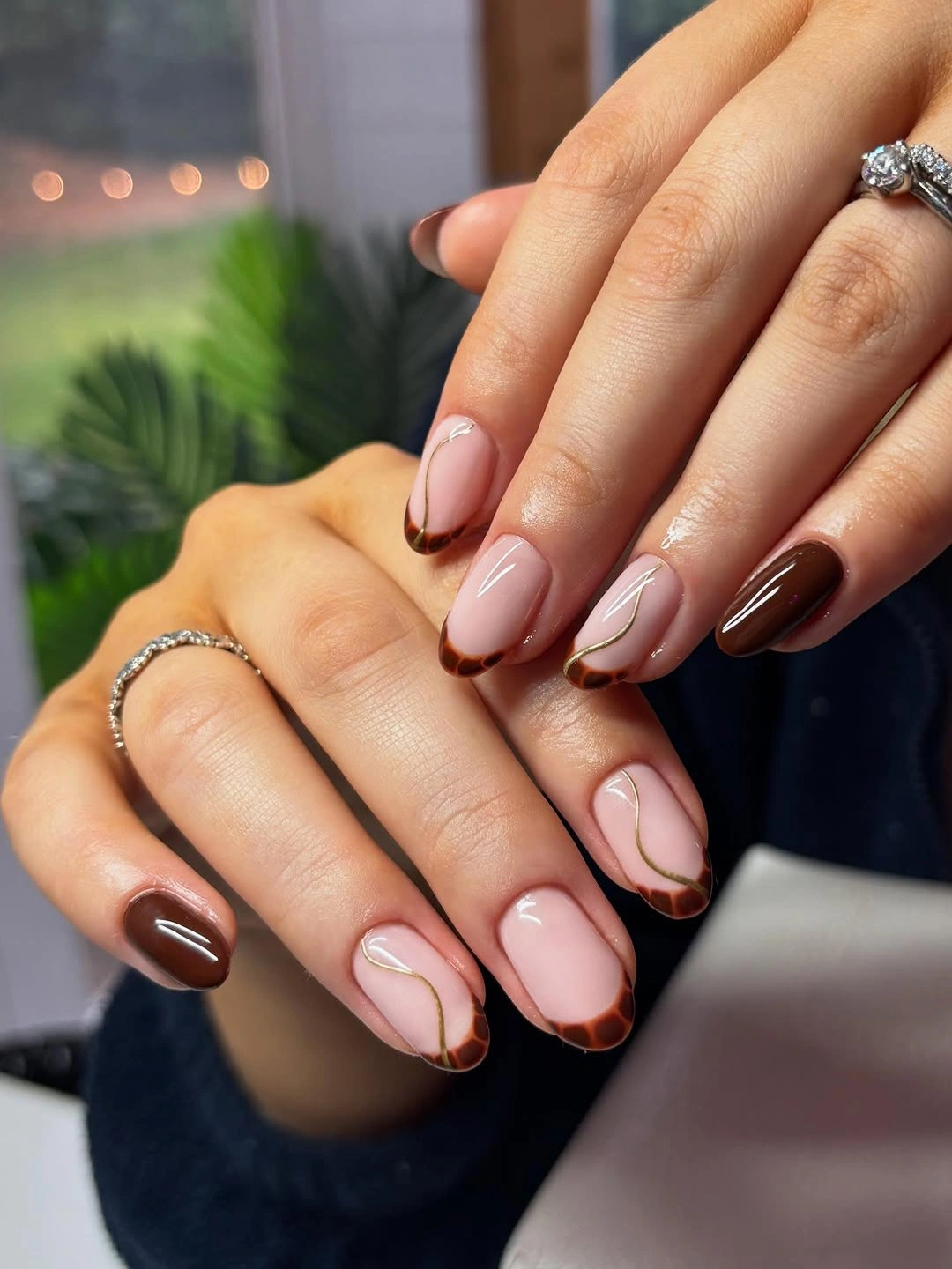 trendy fall nail designs for all skin tones 2026 Elegant Brown French Tips with Golden Lines