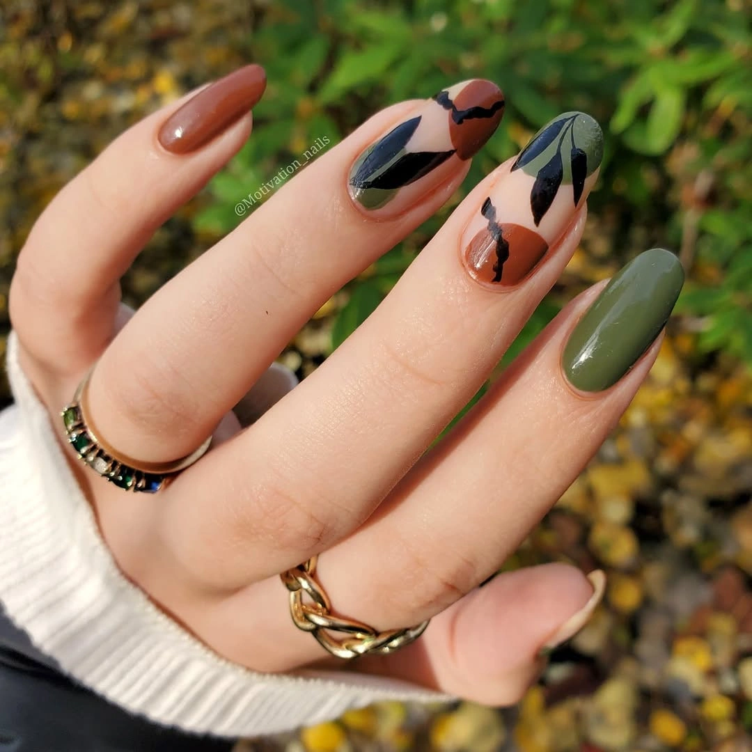 trendy fall nail designs for all skin tones 2026 Earthy Green Botanical Nails for Cozy Fall Days