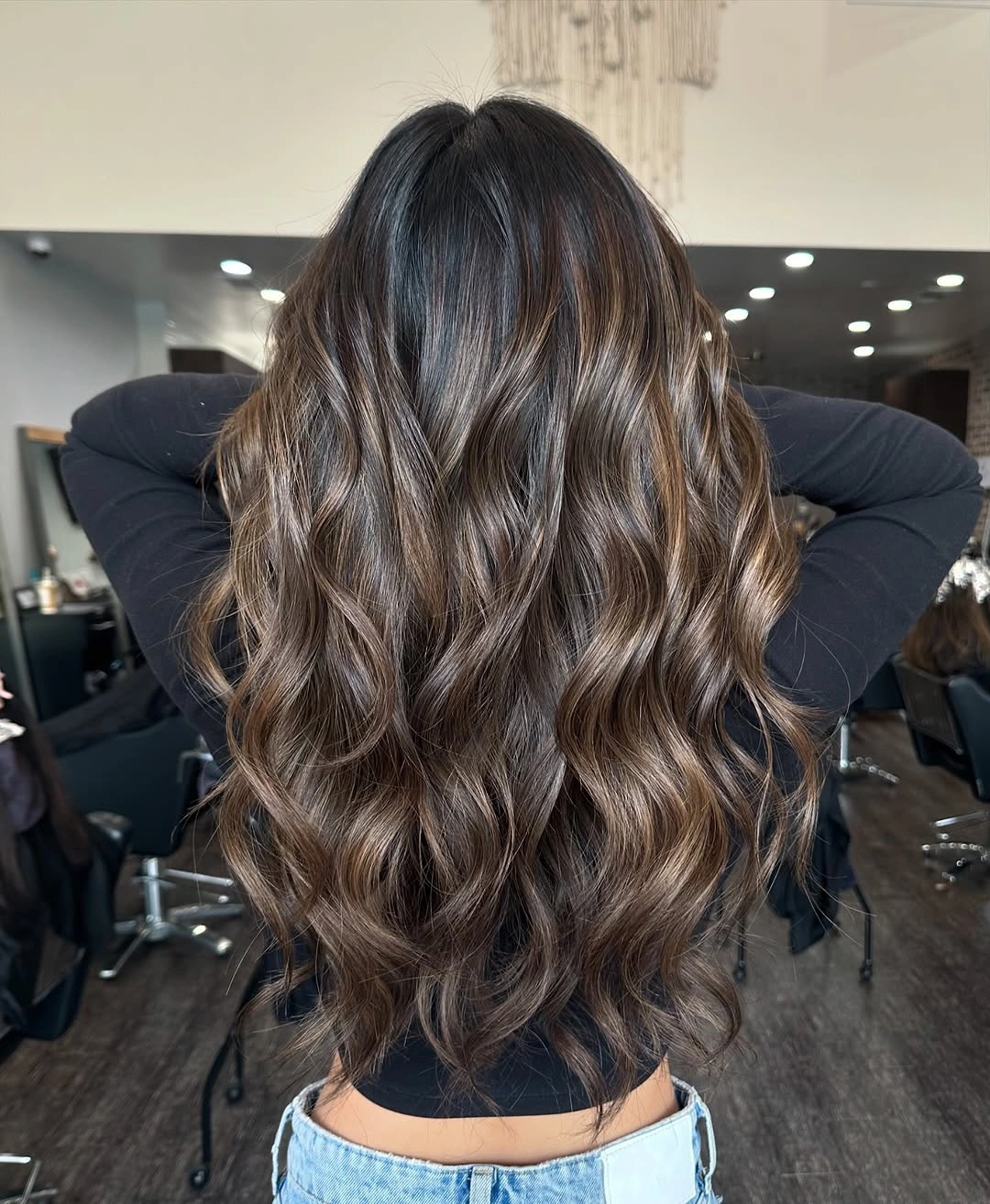 trendy full head babylights blonde on brown hair Rich Espresso Waves With Caramel Babylight Accents