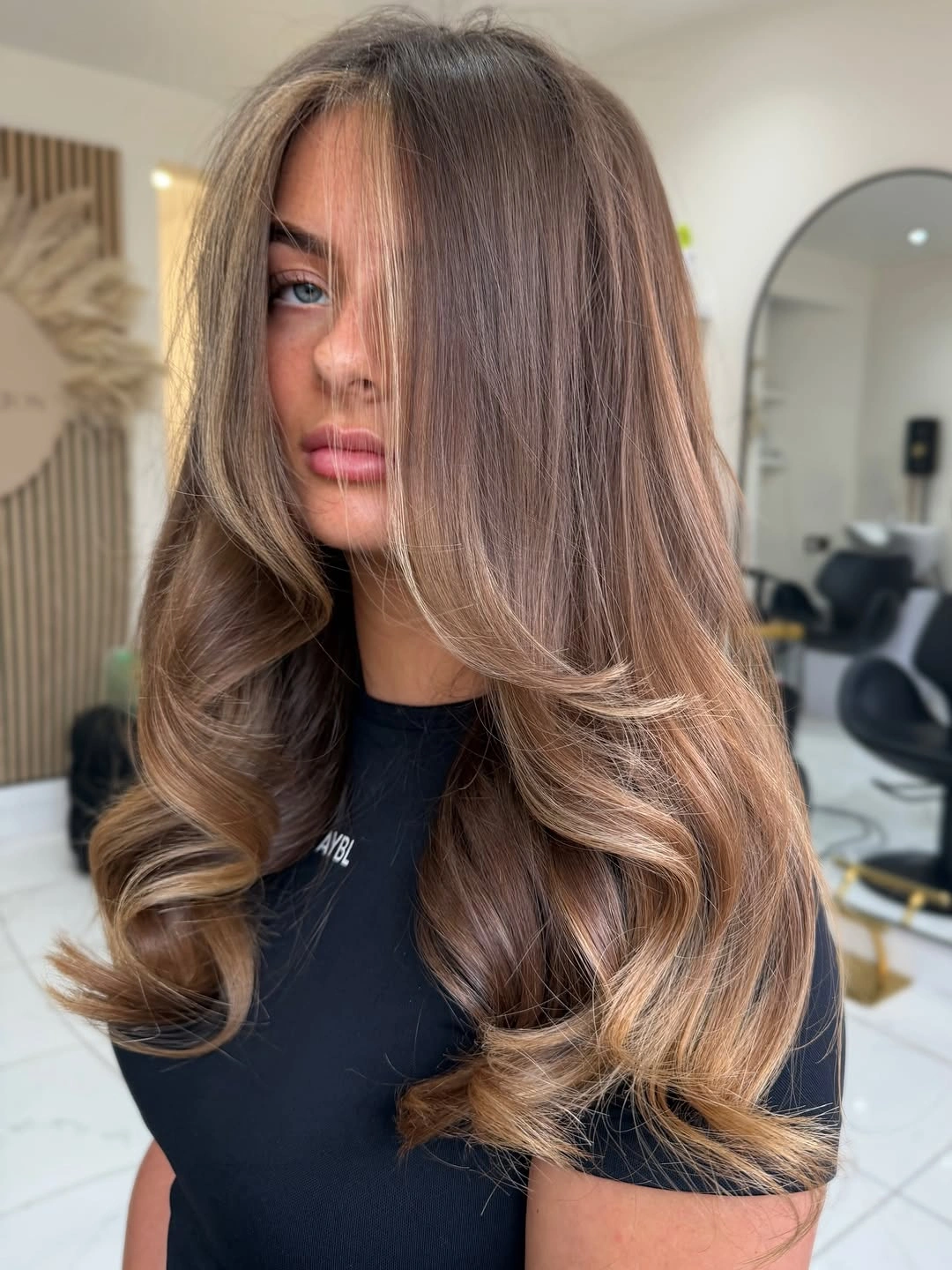 trendy full head babylights blonde on brown hair Glossy Mocha Waves With Delicate Blonde Dimension