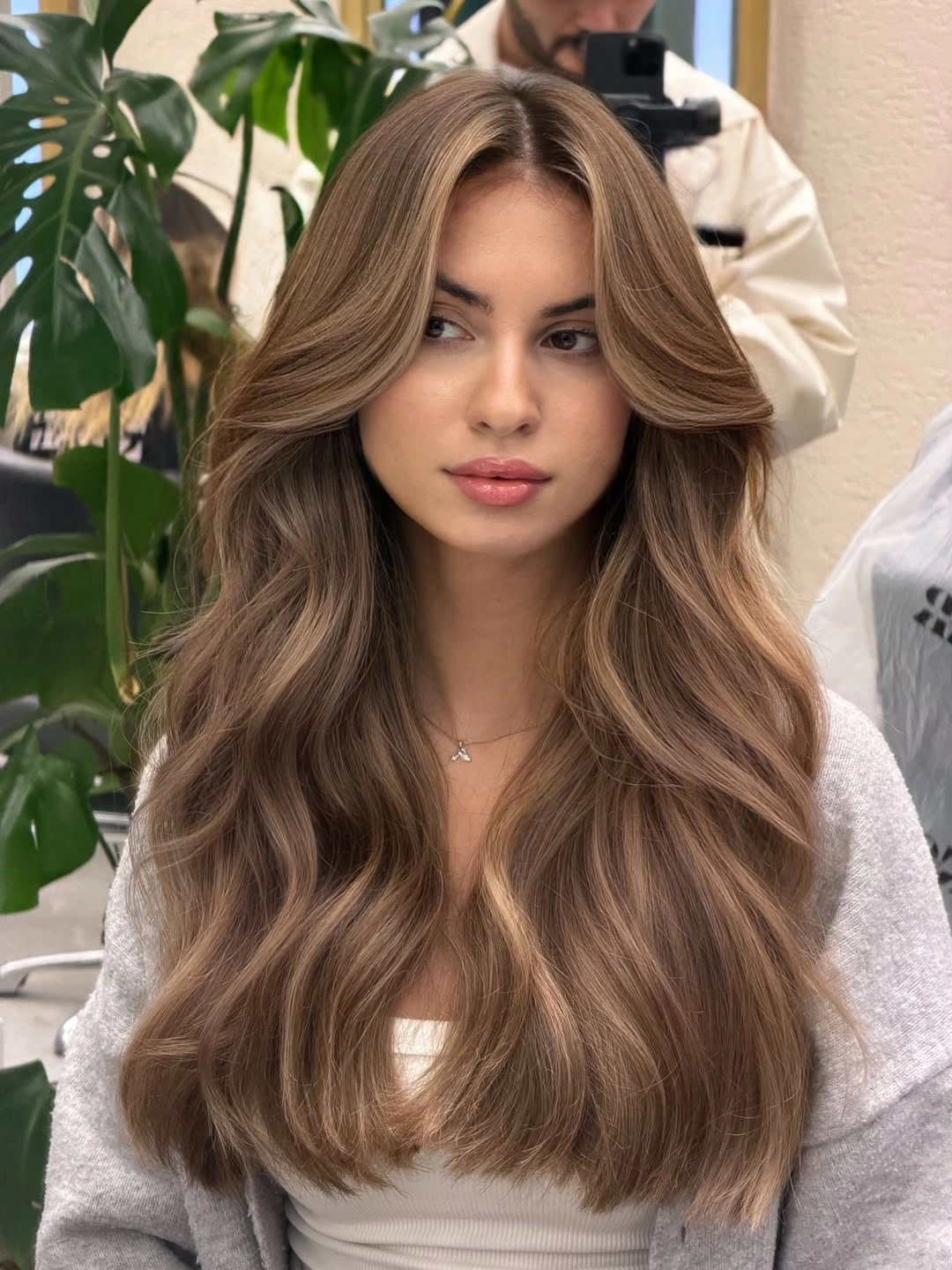 trendy full head babylights blonde on brown hair Natural Beige Blend With Flowing Face-Framing Layers