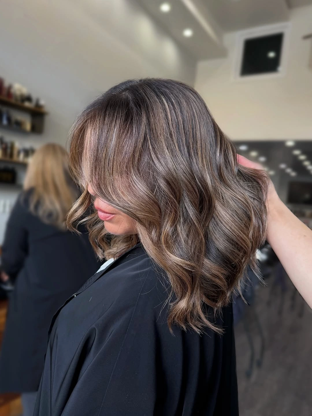 trendy full head babylights blonde on brown hair Dimensional Wavy Lob With Smoky Blonde Accents