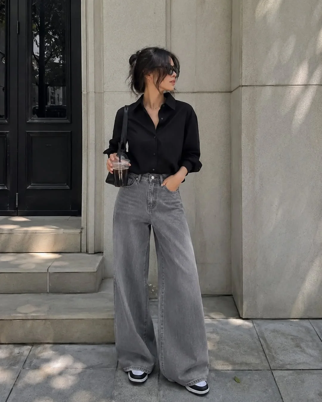 wide leg jeans outfit fall 2026 Monochrome Layers That Make Gray Denim Feel Elevated