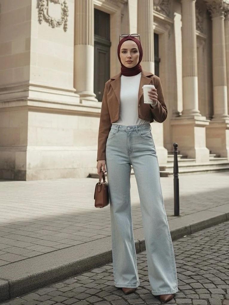 wide leg jeans outfit fall 2026 Soft Camel Layers Bring Light Wash Denim Into Fall