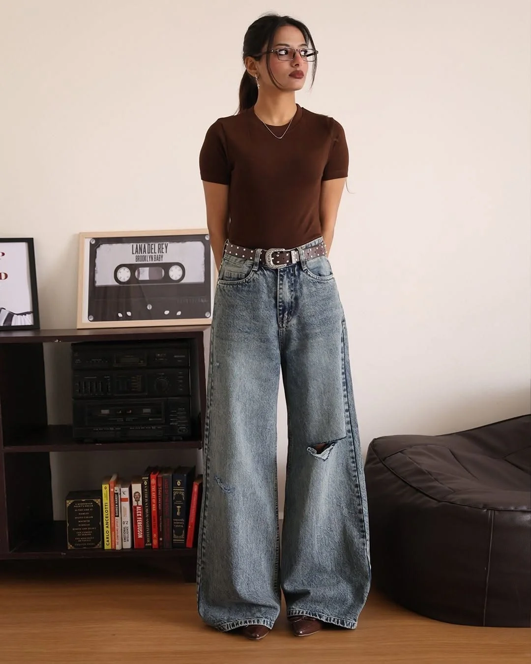 wide leg jeans outfit fall 2026 Vintage Blue Denim Gets a Modern Update With Rich Brown Basics