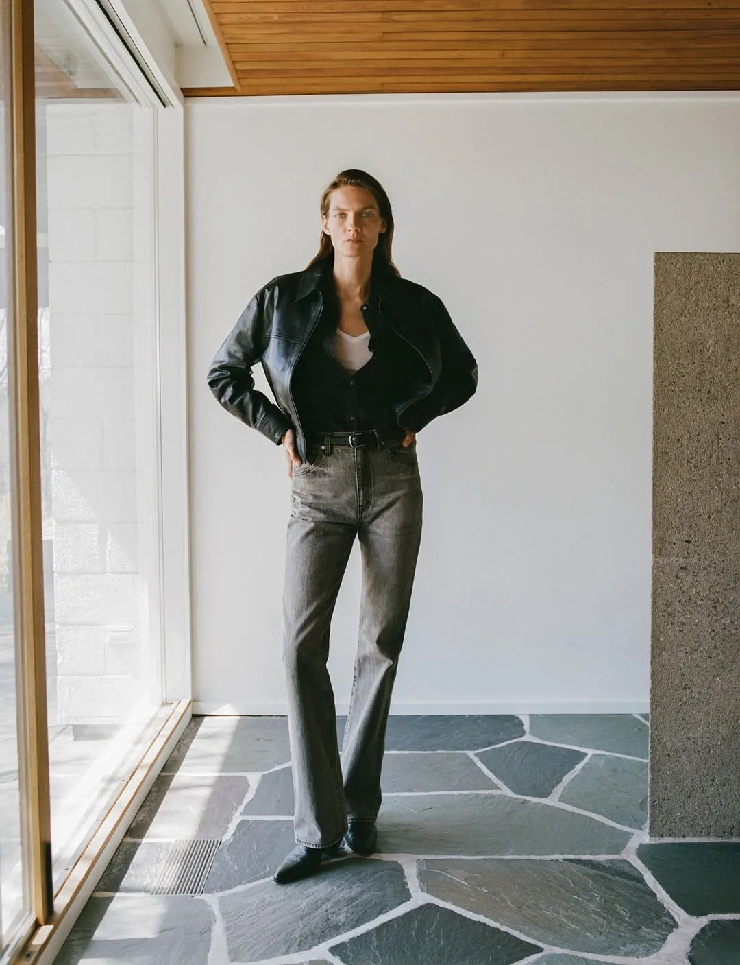 womens modest fall outfits 2026 Minimalist Leather And Straight-Leg Denim
