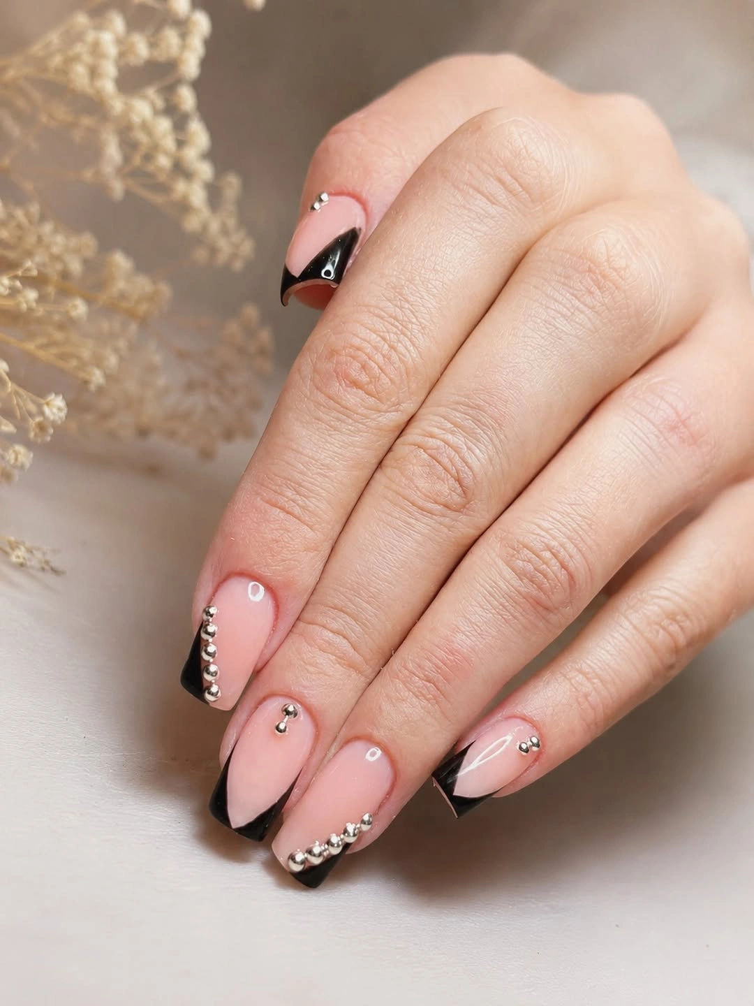 beautiful fall nails for fair skin tones 2026 Black French Tips with Silver Studs