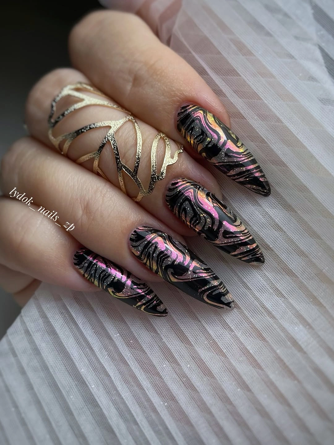 beautiful fall nails for fair skin tones 2026 Black Chrome With Molten Pink and Gold