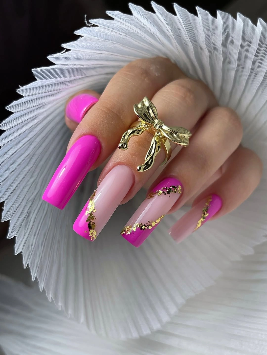 beautiful fall nails for fair skin tones 2026 Hot Pink and Gold Foil French Mix