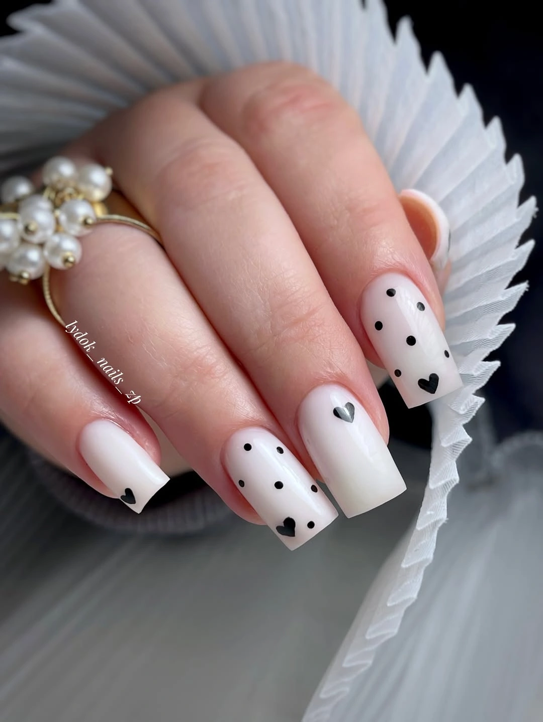 beautiful fall nails for fair skin tones 2026 Milky White Hearts and Polka Dots