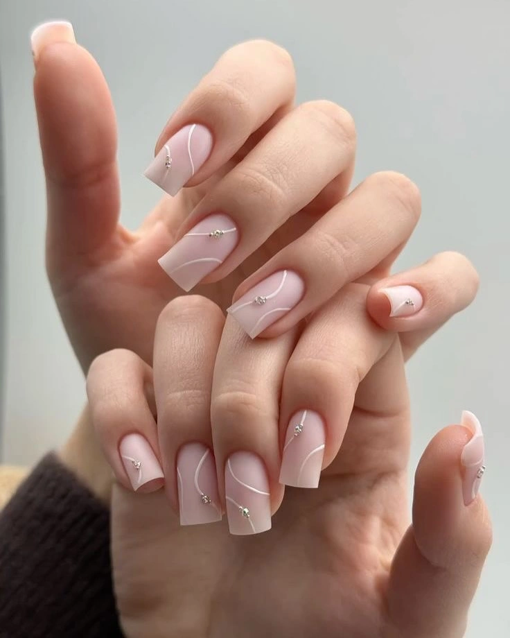 beautiful fall nails for fair skin tones 2026 Blush Square Nails with Fine White Waves