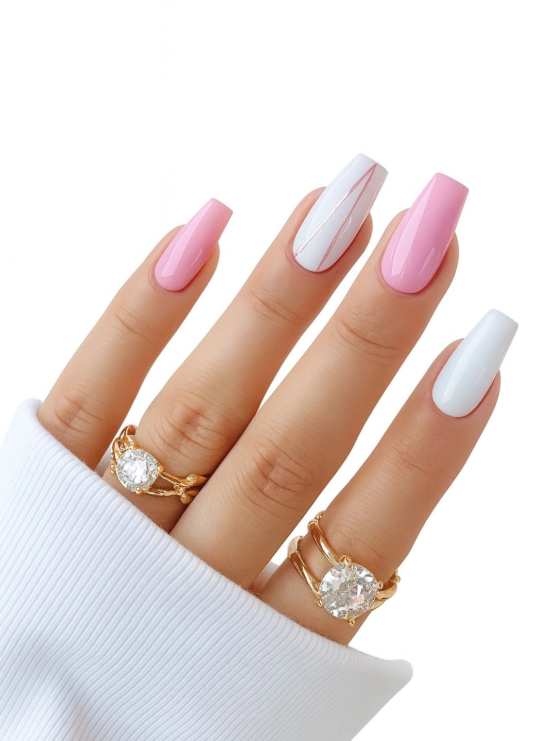 beautiful fall nails for fair skin tones 2026 Glossy Pink and White Coffin Nails