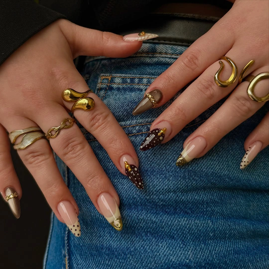 beautiful fall nails for tan skin tone Mocha Almond Nails With Playful French Details