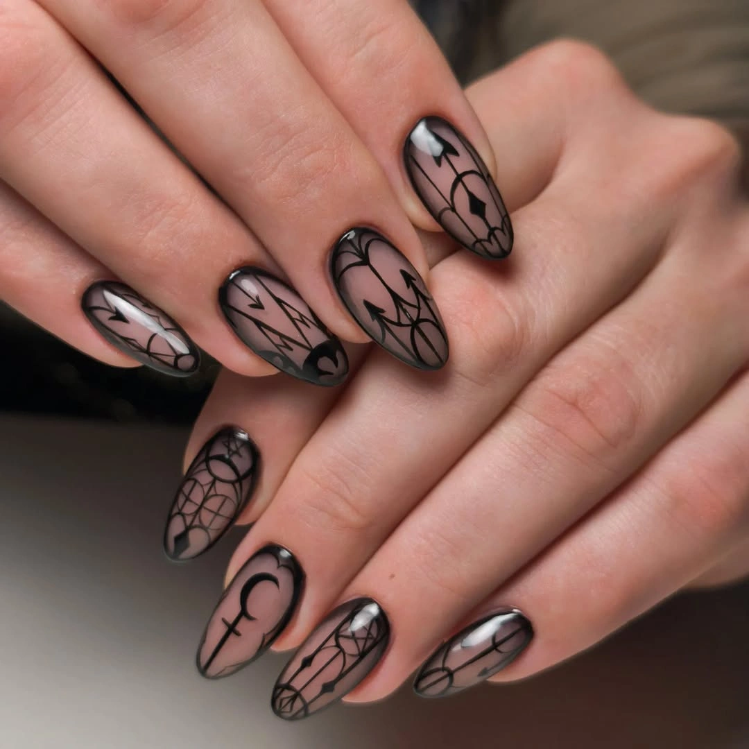 beautiful fall nails with autumn designs - Sheer Spiderweb Nails With Gothic Details