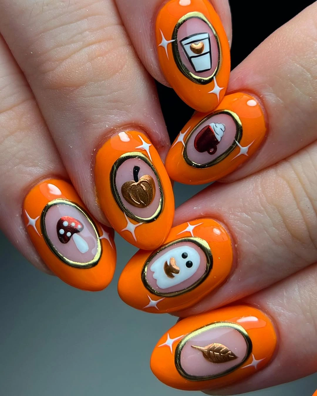 beautiful fall nails with autumn designs - Bright Orange Fall Nails With Vintage Charms