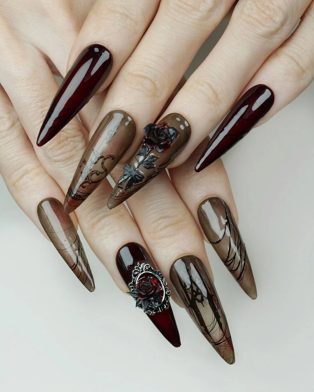 beautiful fall nails with autumn designs - Burgundy Gothic Nails With Roses and Lace