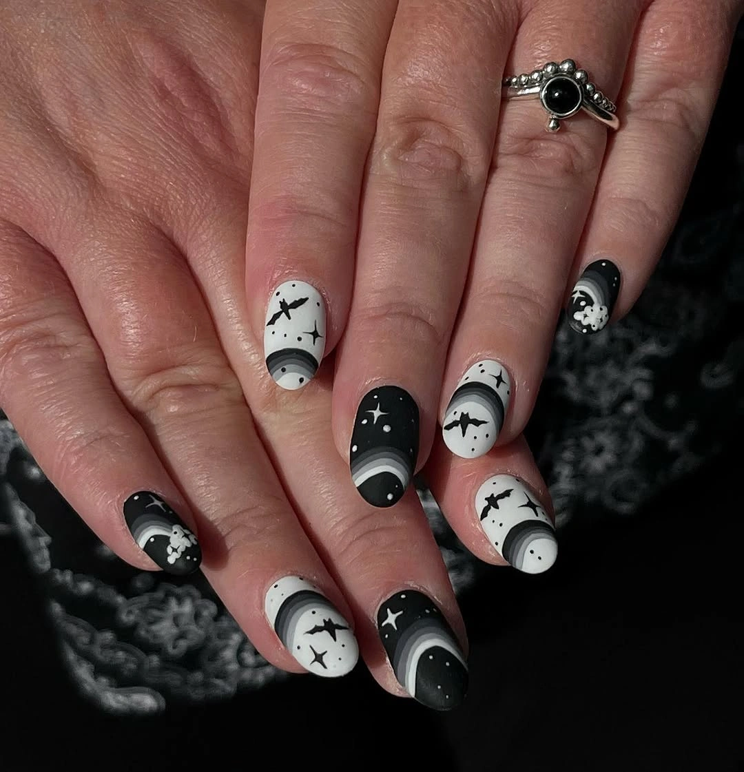 beautiful fall nails with autumn designs - Black and White Celestial Fall Nails