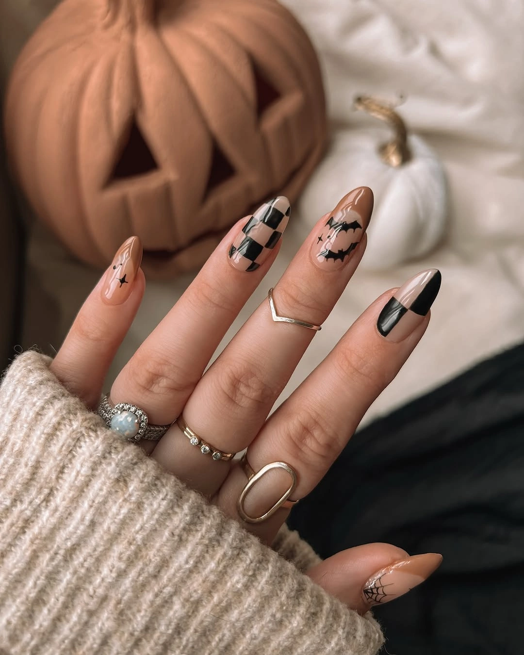 beautiful fall nails with autumn designs - Minimal Pumpkin Nails With Black and Nude Accents