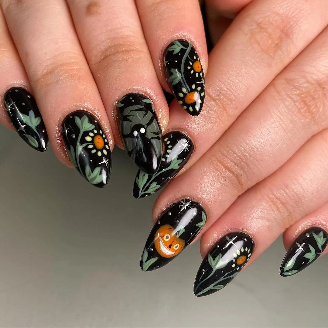 beautiful fall nails with autumn designs - Dark Botanical Pumpkin Nails