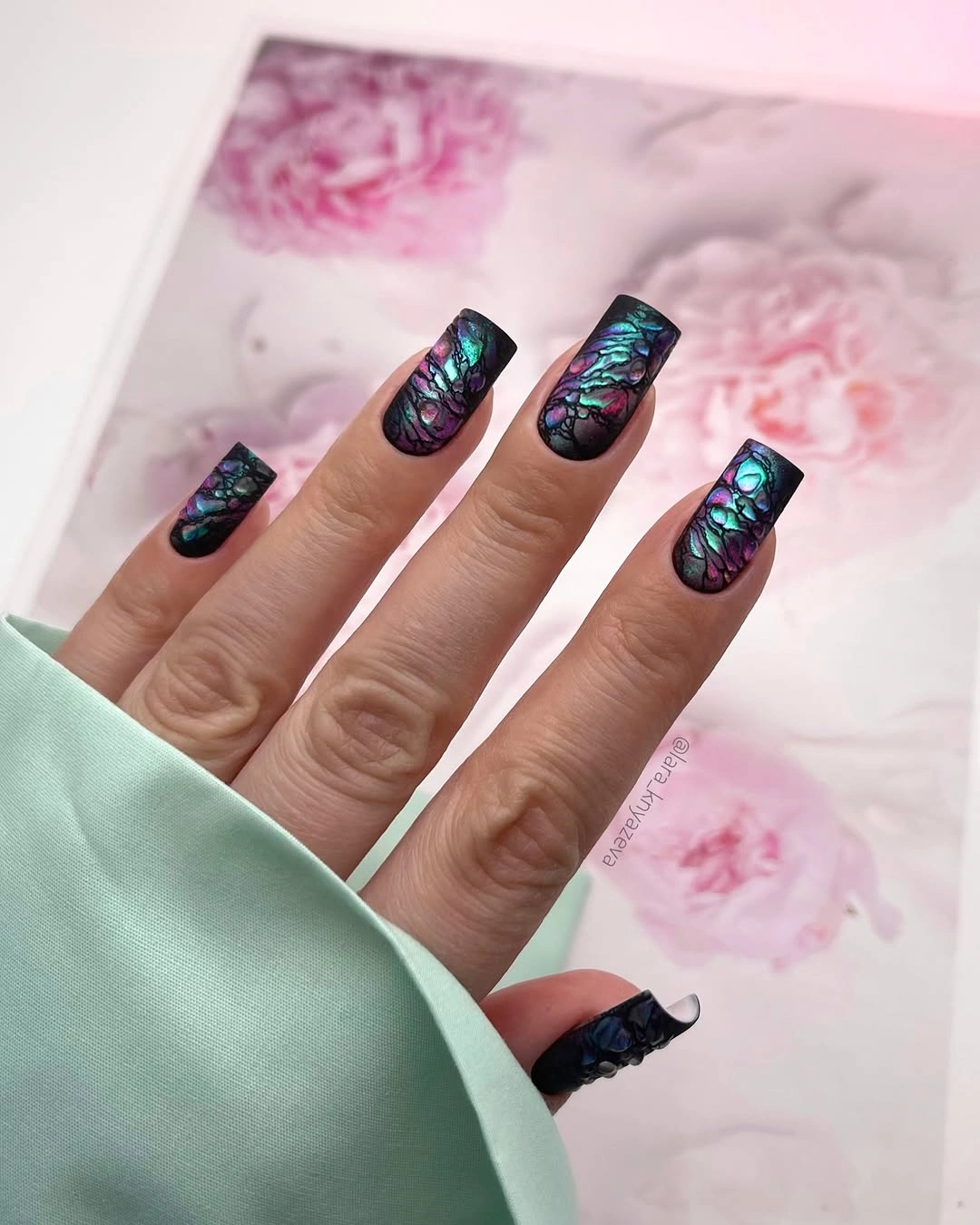 beautiful fall square nails 2026 Dark Stained Glass Square Nails