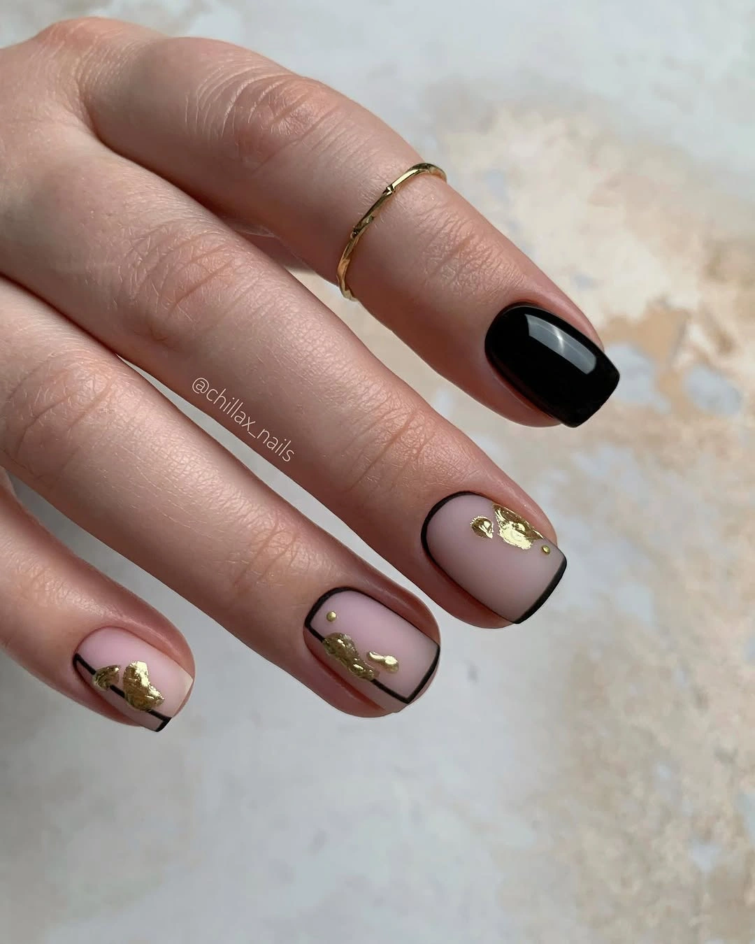 beautiful fall square nails 2026 Black French Frames With Gold Foil