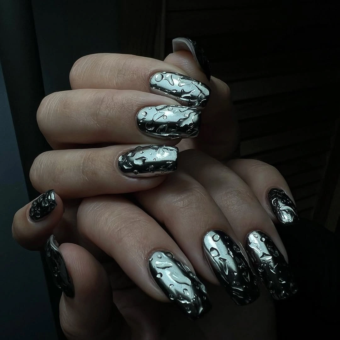 beautiful fall square nails 2026 Liquid Silver Square Nails