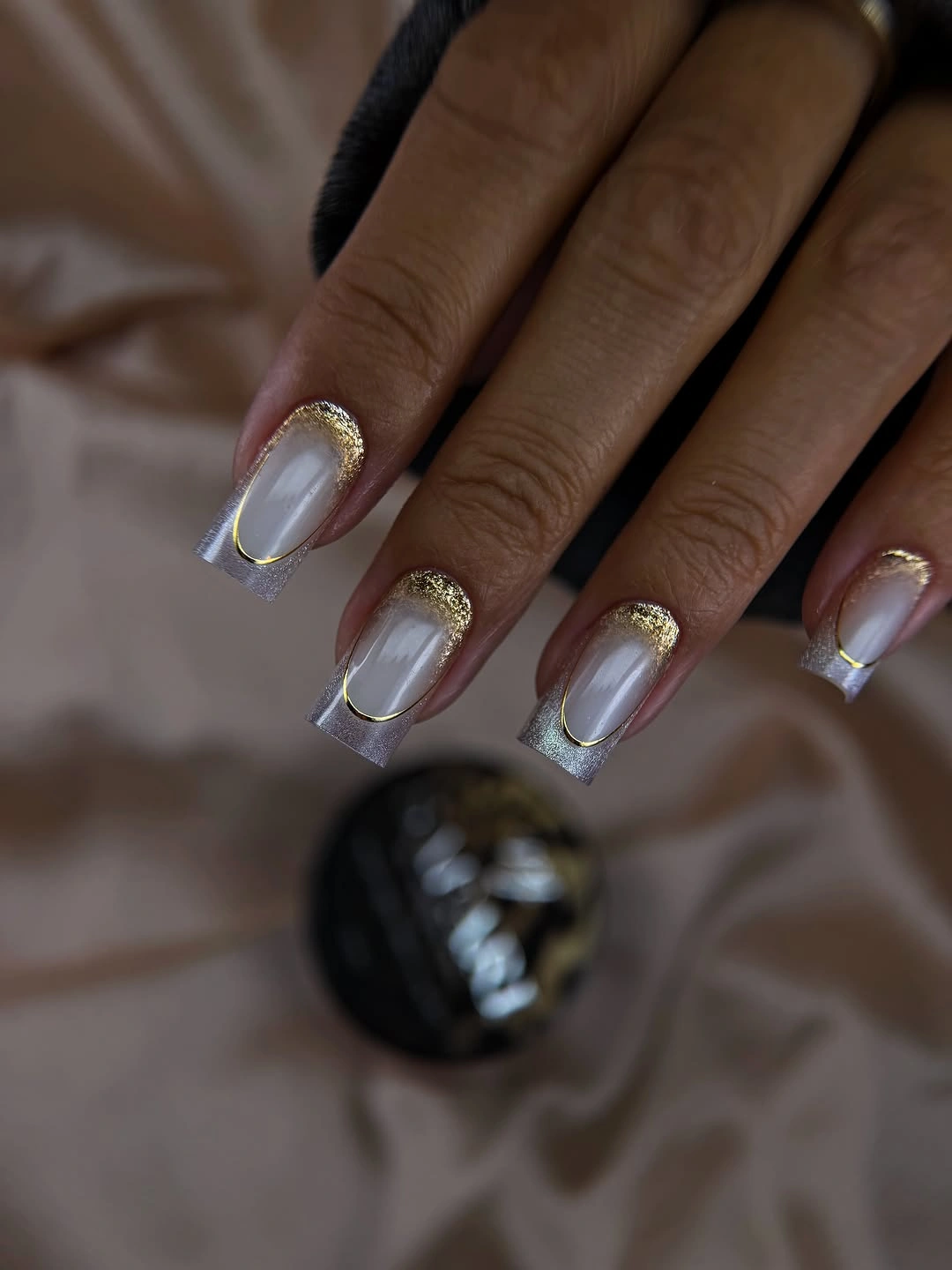 beautiful fall square nails 2026 Silver Square Tips With Golden Frames