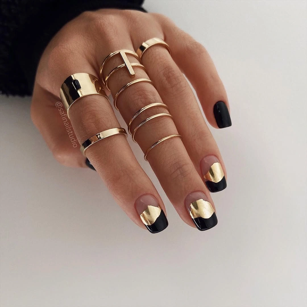 beautiful fall square nails 2026 Black and Gold Square French Nails