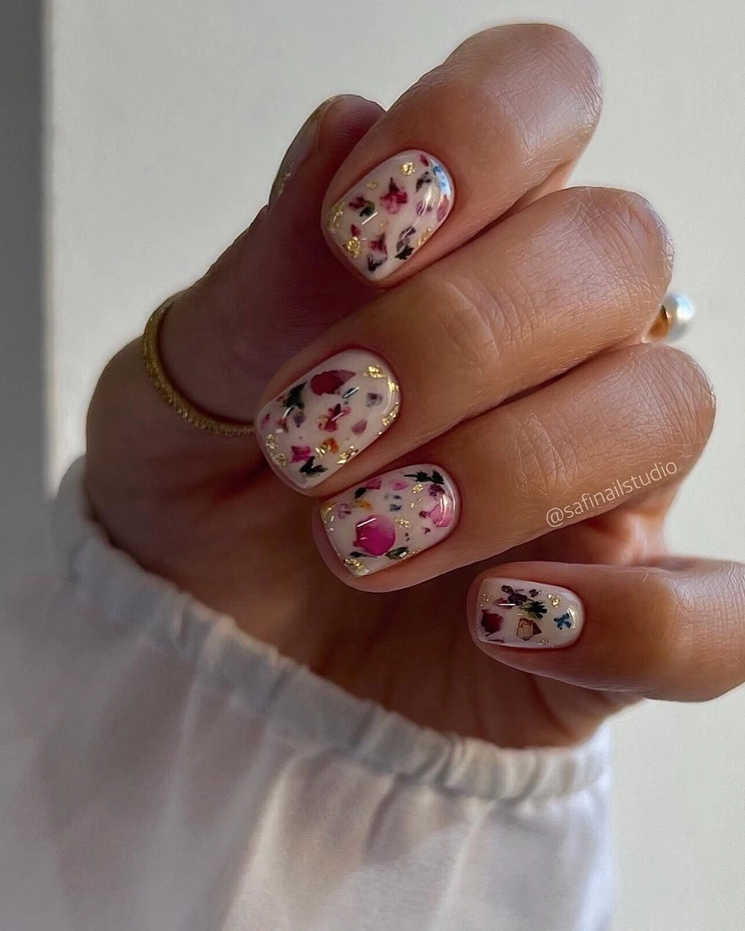 beautiful fall square nails 2026 - Pressed Floral Details on a Soft Milky Base