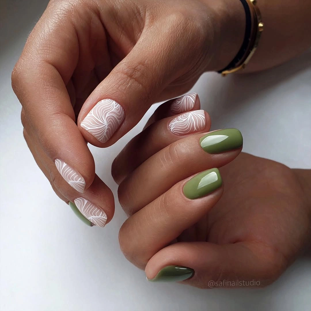 beautiful fall square nails 2026 - Olive Green and Fine White Botanical Lines