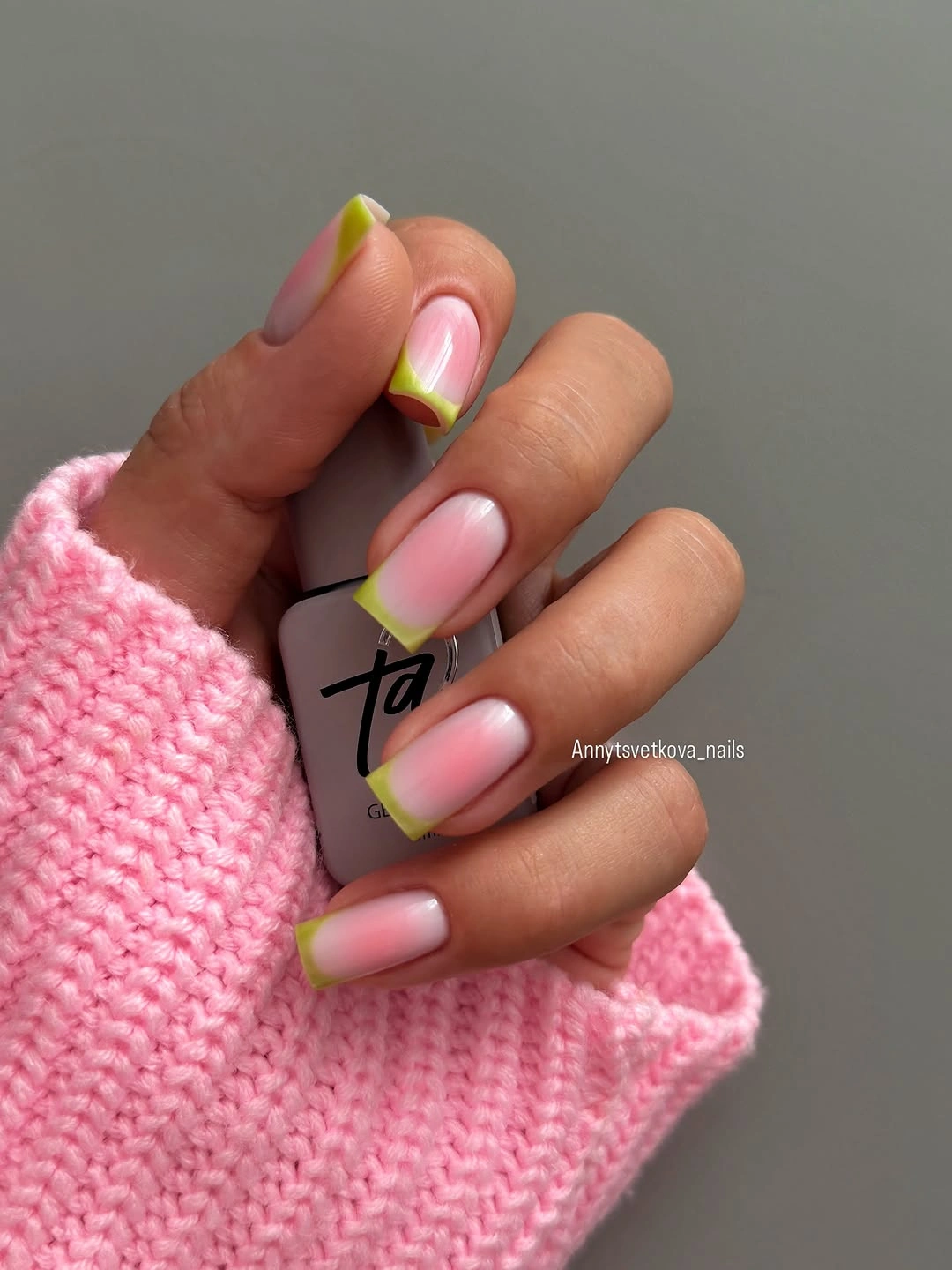 beautiful fall square nails 2026 Pink Glow With Lime French Tips