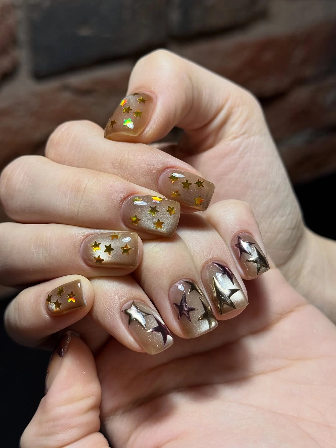 beautiful fall square nails 2026 Golden Star Short Square Nails