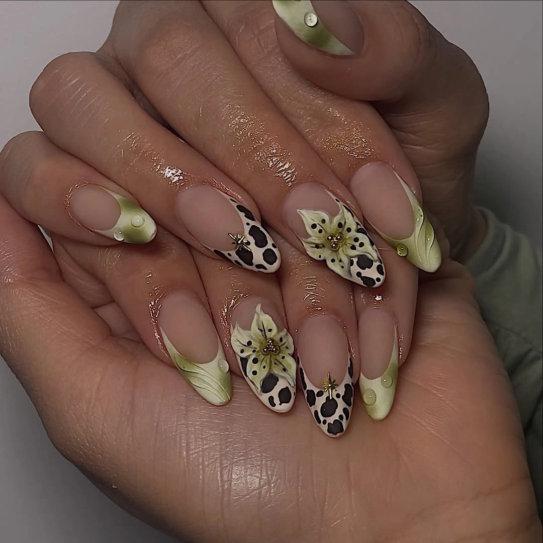 beautiful matte fall nails design 2026 Olive French Tips With Floral Art
