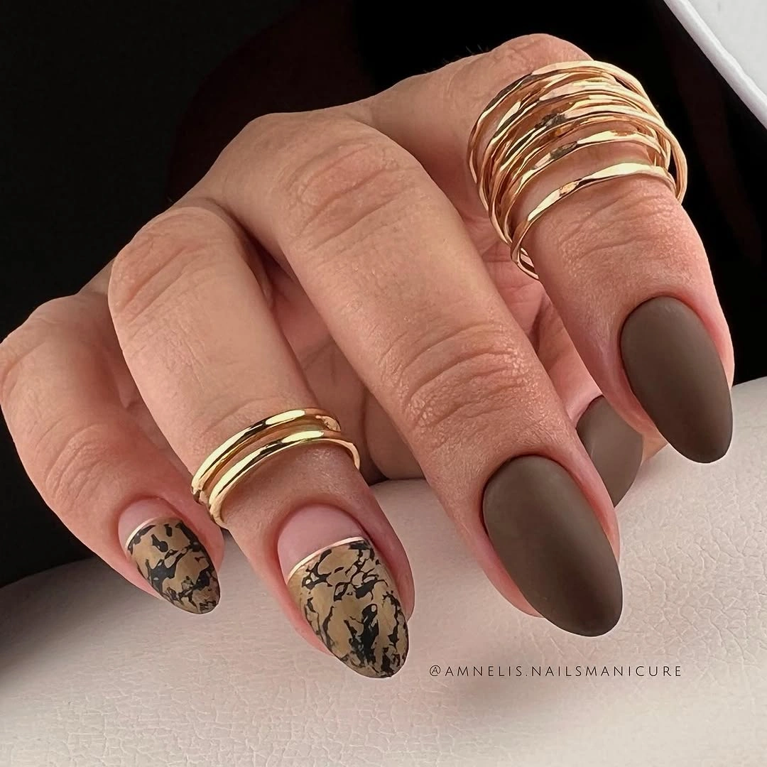 beautiful matte fall nails design 2026 Autumn Brown Stone Almond Nails