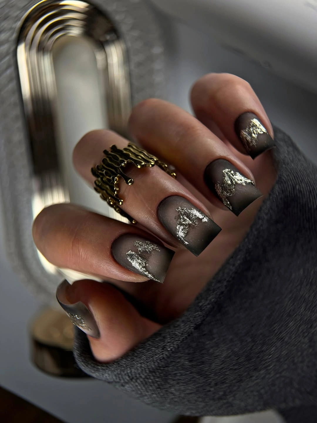 beautiful matte fall nails design 2026 Smoky Black Nails With Gold Foil