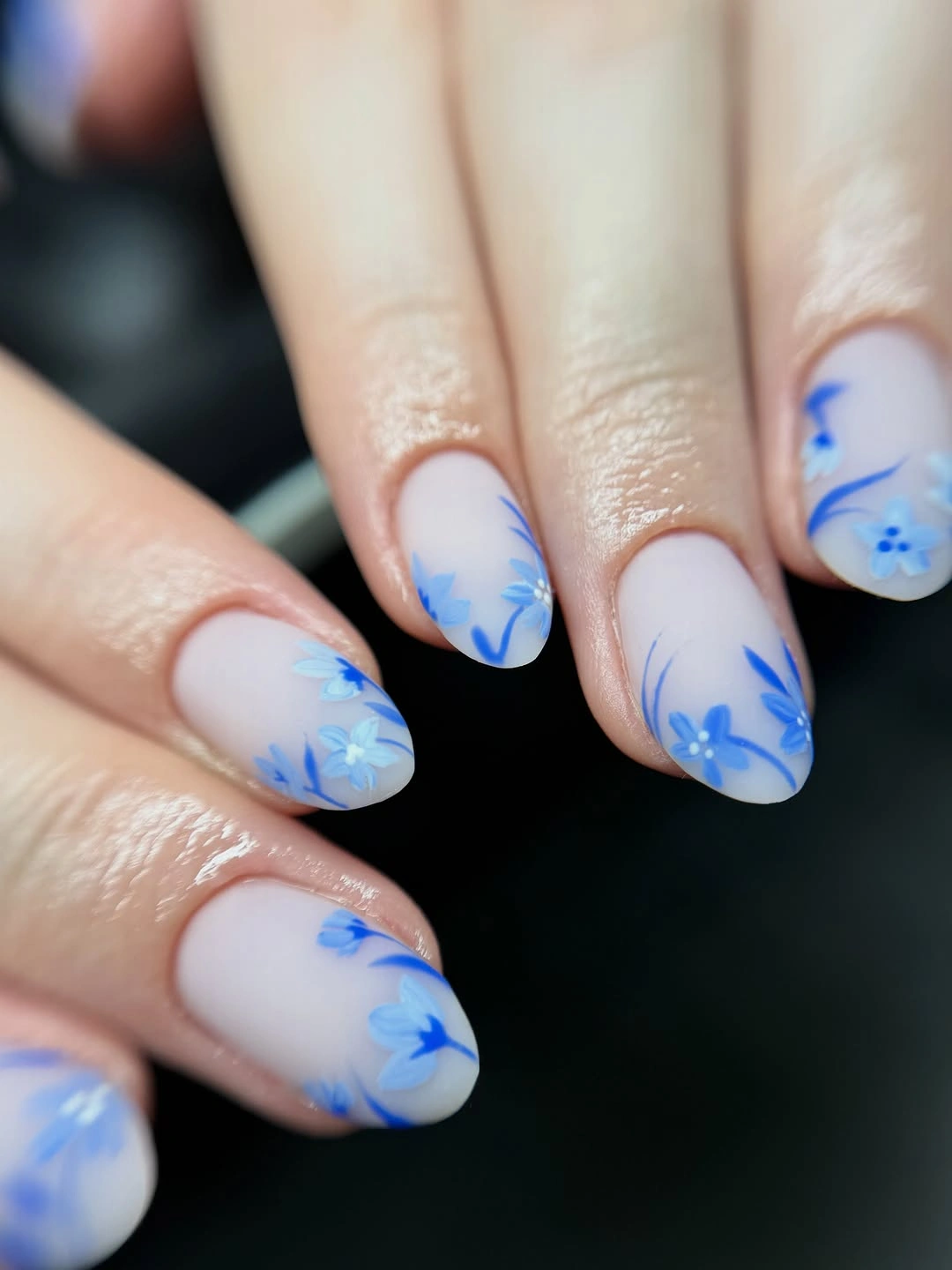 beautiful matte fall nails design 2026 Soft Blue Floral Matte Nails