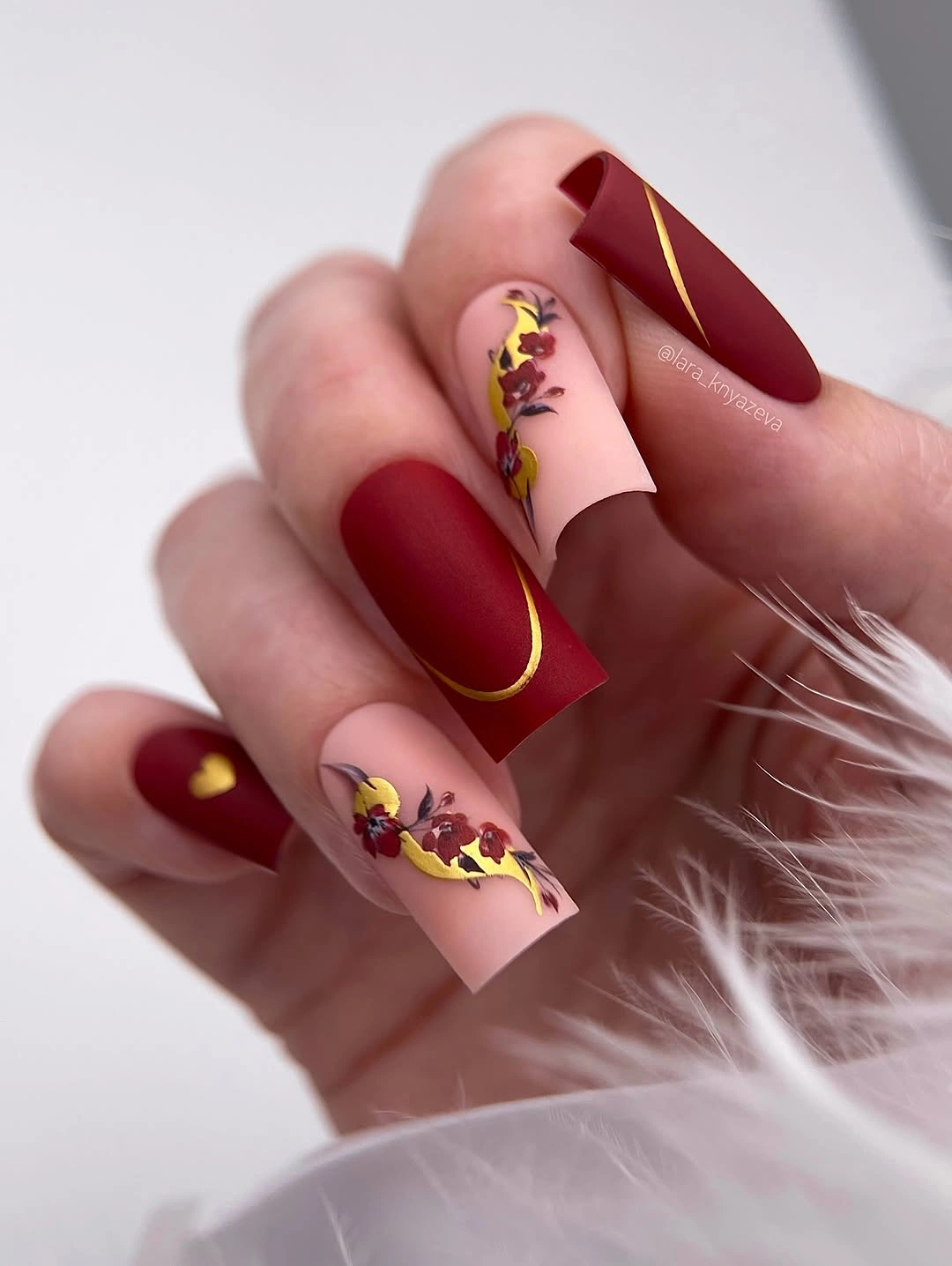 beautiful matte fall nails design 2026 Burgundy Florals With Gold