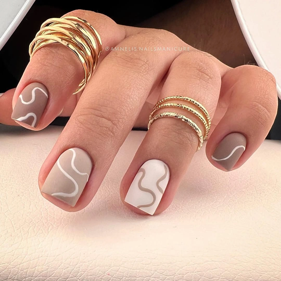 beautiful matte fall nails design 2026 Neutral Waves on Short Square Nails