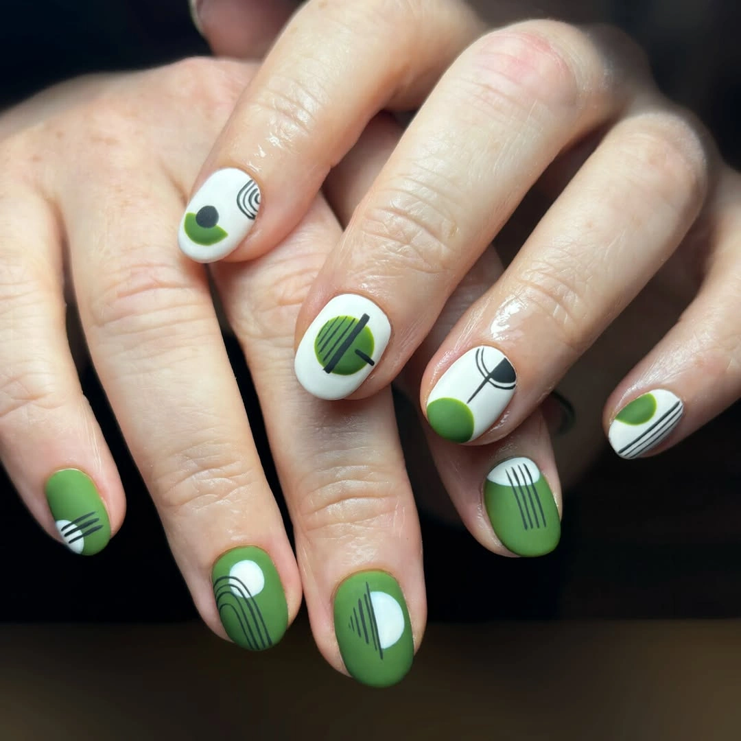 beautiful matte fall nails design 2026 Retro Autumn Green Graphic Nails