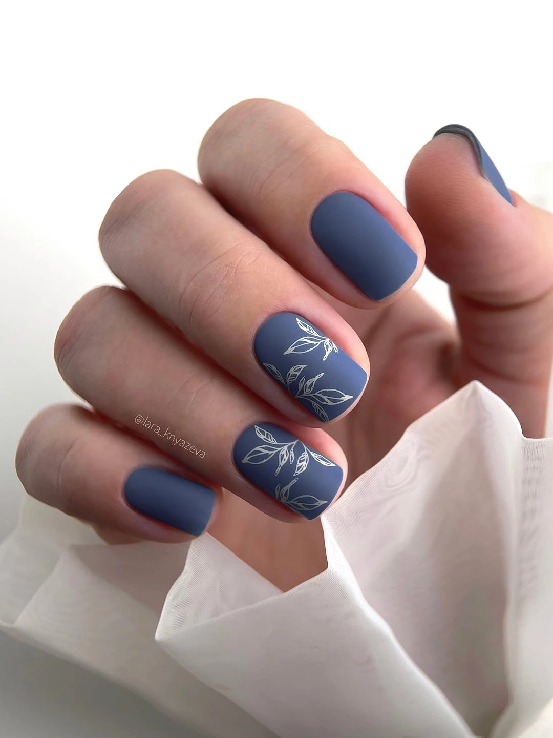 beautiful matte fall nails design 2026 Dusty Blue Botanical Nails