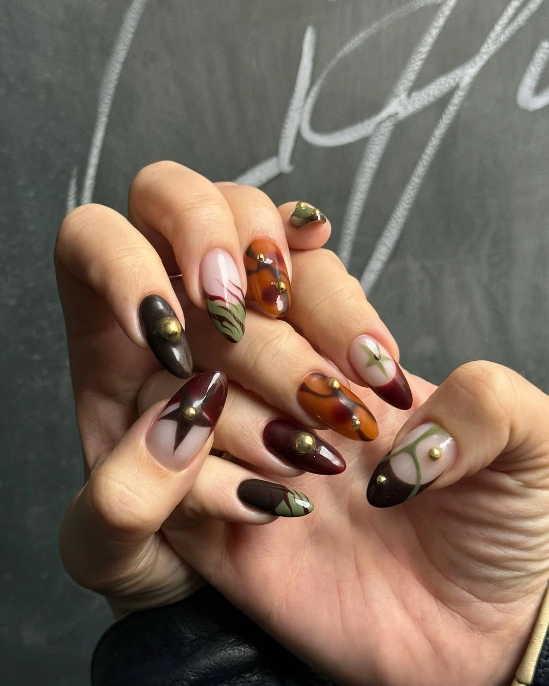 chic autumn nails color Autumn Orange and Green With Botanical Details
