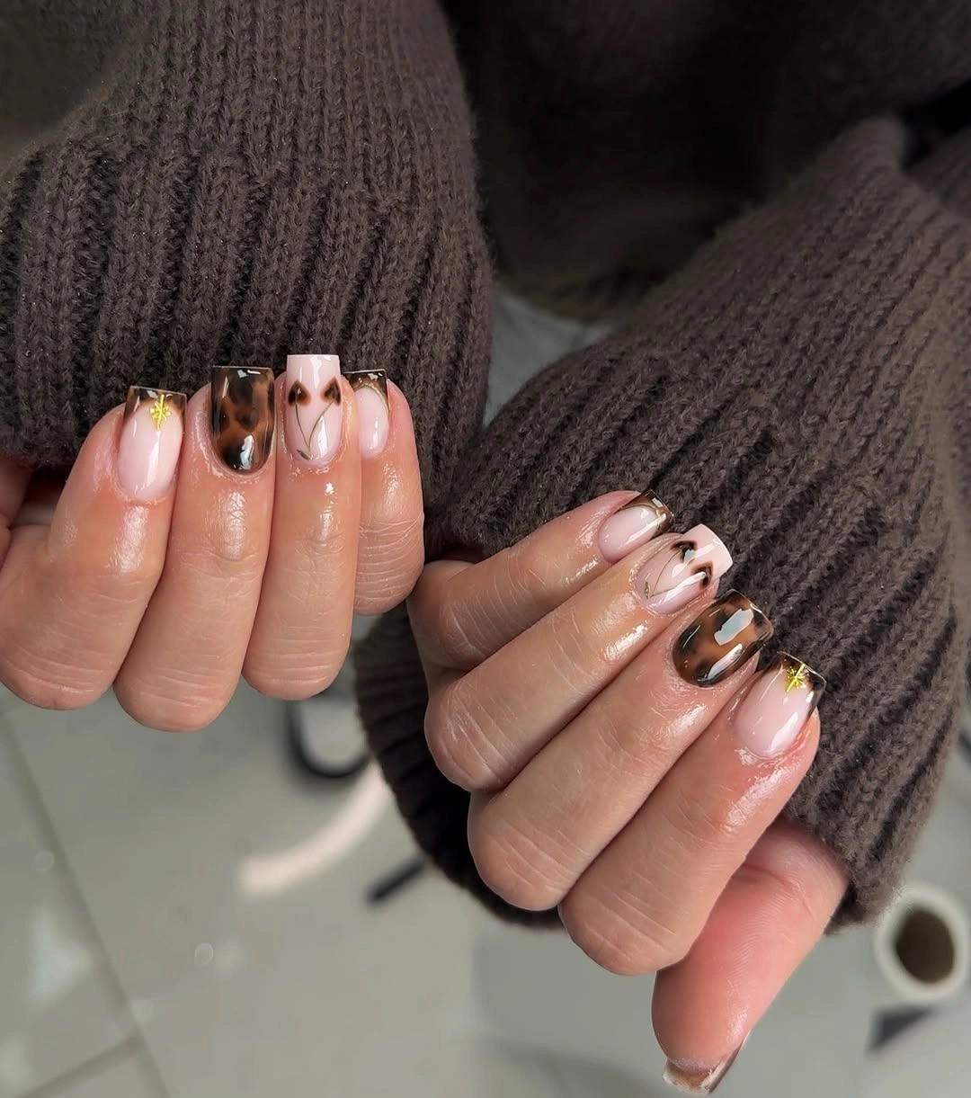 chic autumn nails color Soft Tortoiseshell French Tips for Early Fall