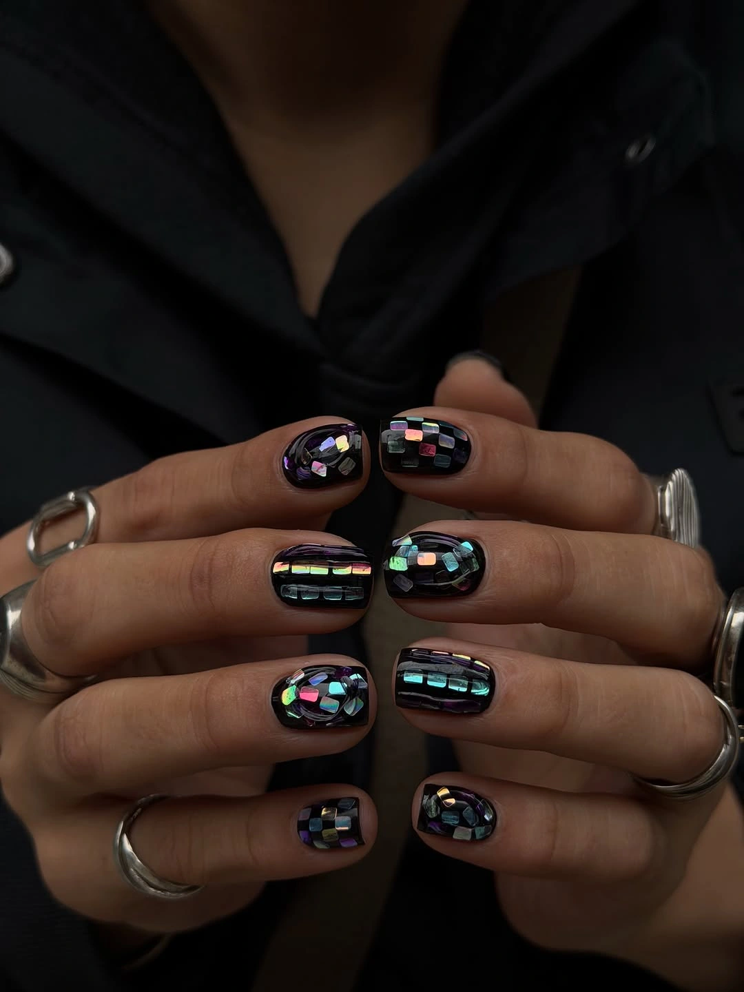 chic fall mid length nails 2026 Midnight Mosaic Nails with Iridescent Glass Accents
