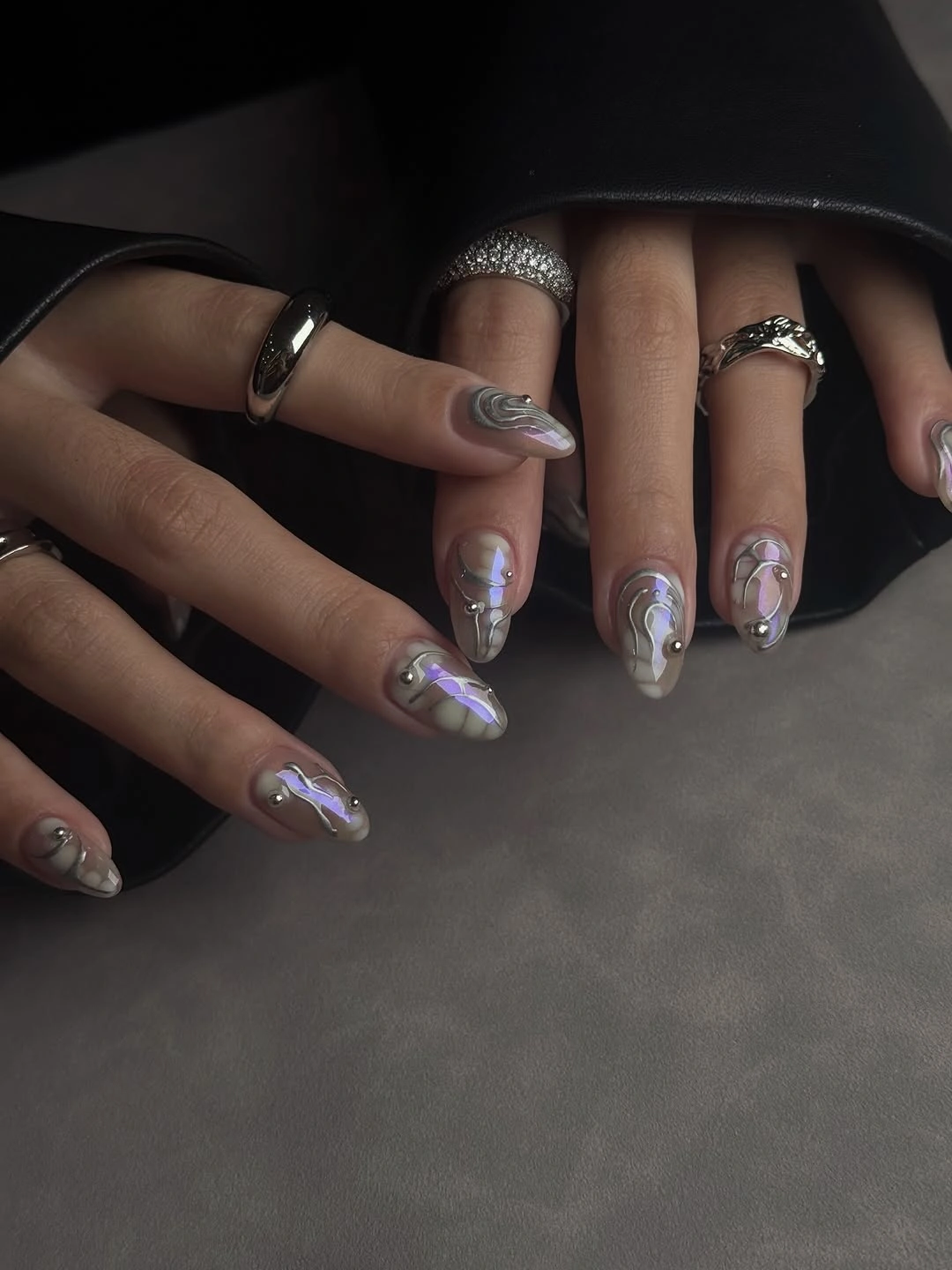 chic fall mid length nails 2026 Pearl Chrome Swirl Almond Nails
