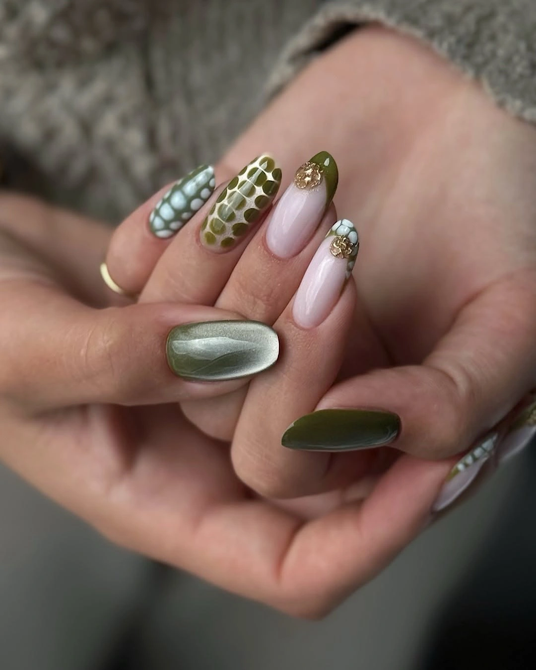 chic fall mid length nails 2026 Olive Cat Eye Nails with Botanical Details